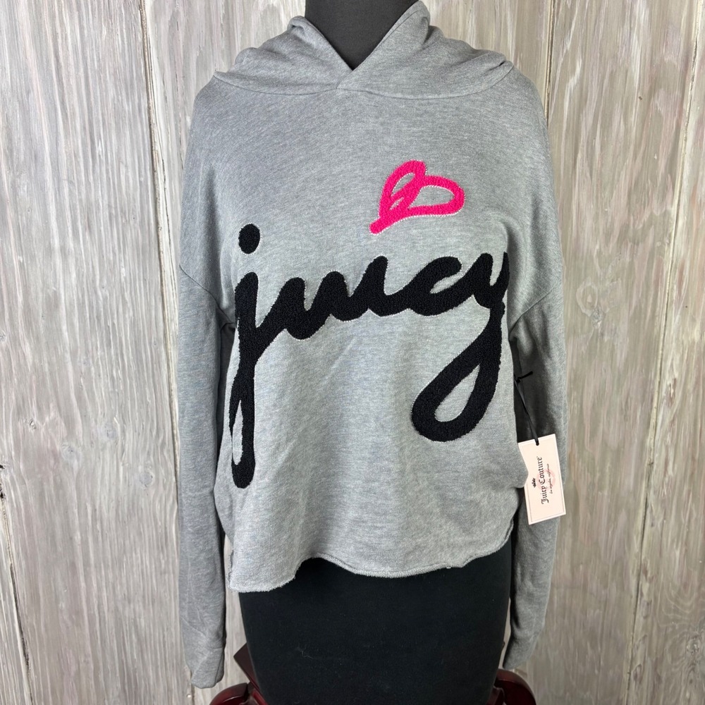 Juicy Couture Grey Cropped Hoodie Sweatshirt Logo Heart Embroidered‎ Size L NWT